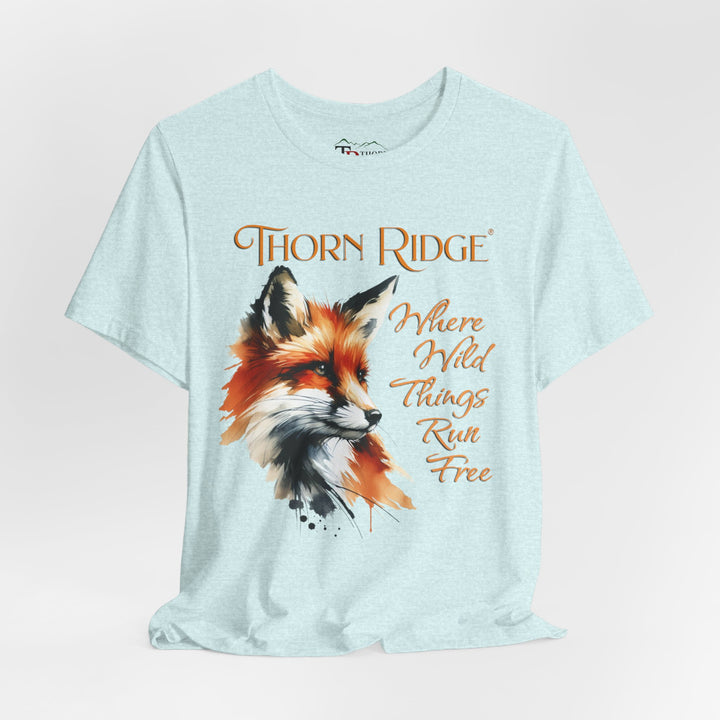 Where Wild Thing Run Free graphic tee with a fox labeled Thorn Ridge®