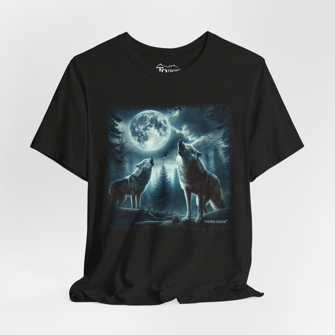 t-shirt with a graphic of two wolves howling at a moonlit sky branded Thorn Ridge®