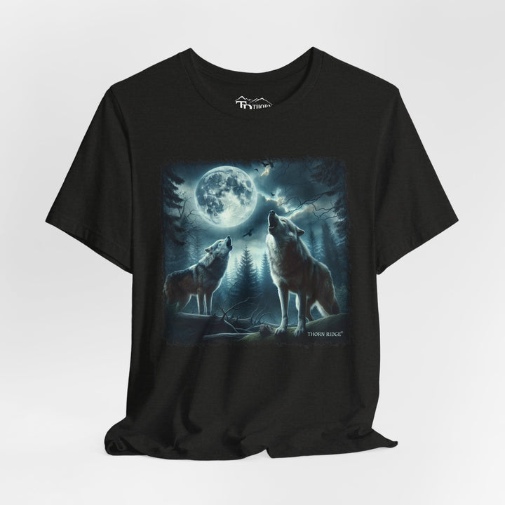 t-shirt with a graphic of two wolves howling at a moonlit sky branded Thorn Ridge®