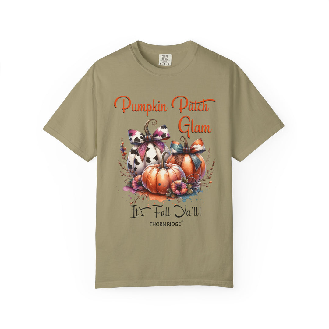 Pumpkin Patch Glam graphic tee with pumpkins wearing cow print bows labeled Thorn Ridge®