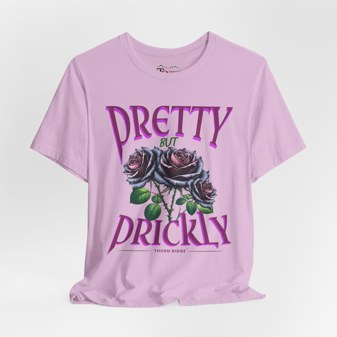 Pretty But Prickly Thorn Ridge Roses Branded t-shirt in purple with black and purple roses. 
