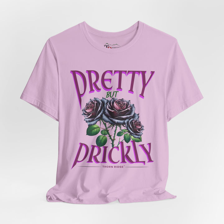 Pretty But Prickly Thorn Ridge Roses Branded t-shirt in purple with black and purple roses. 