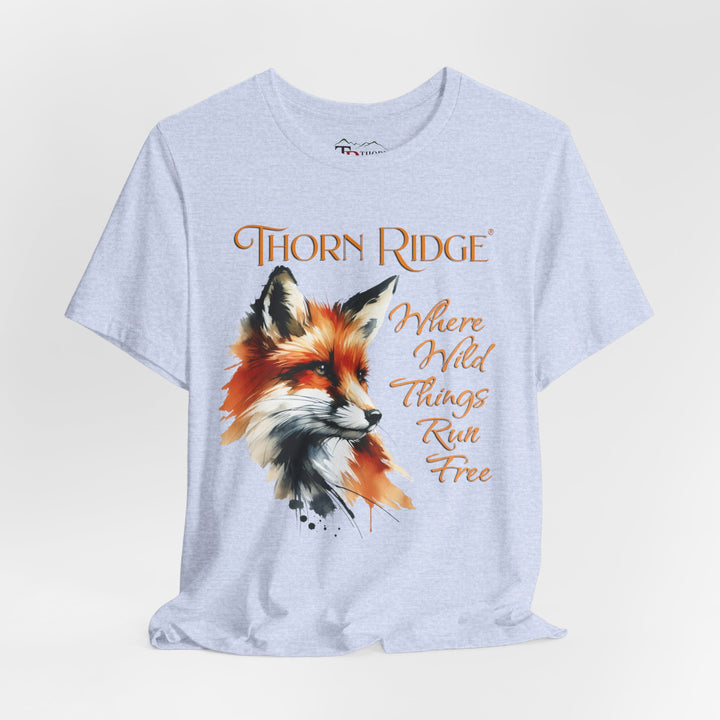Where Wild Thing Run Free graphic tee with a fox labeled Thorn Ridge®