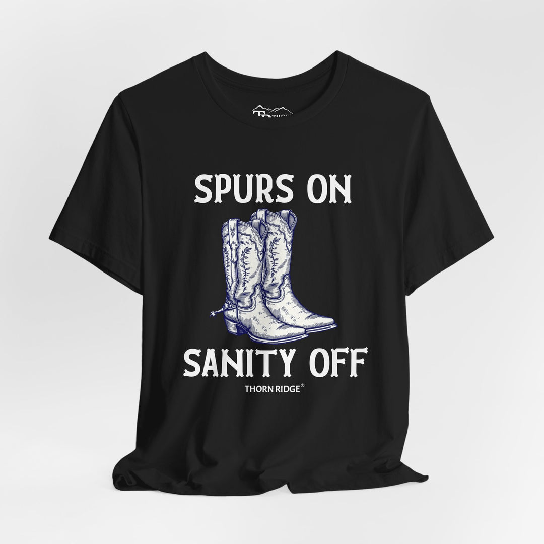 spurs on sanity off graphic tee with cowboy boots labeled Thorn Ridge®