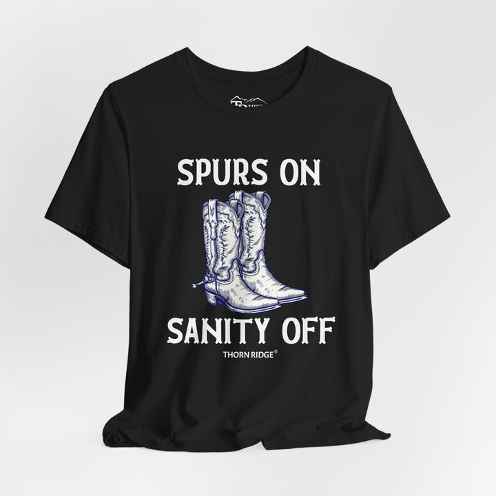 spurs on sanity off graphic tee with cowboy boots labeled Thorn Ridge®