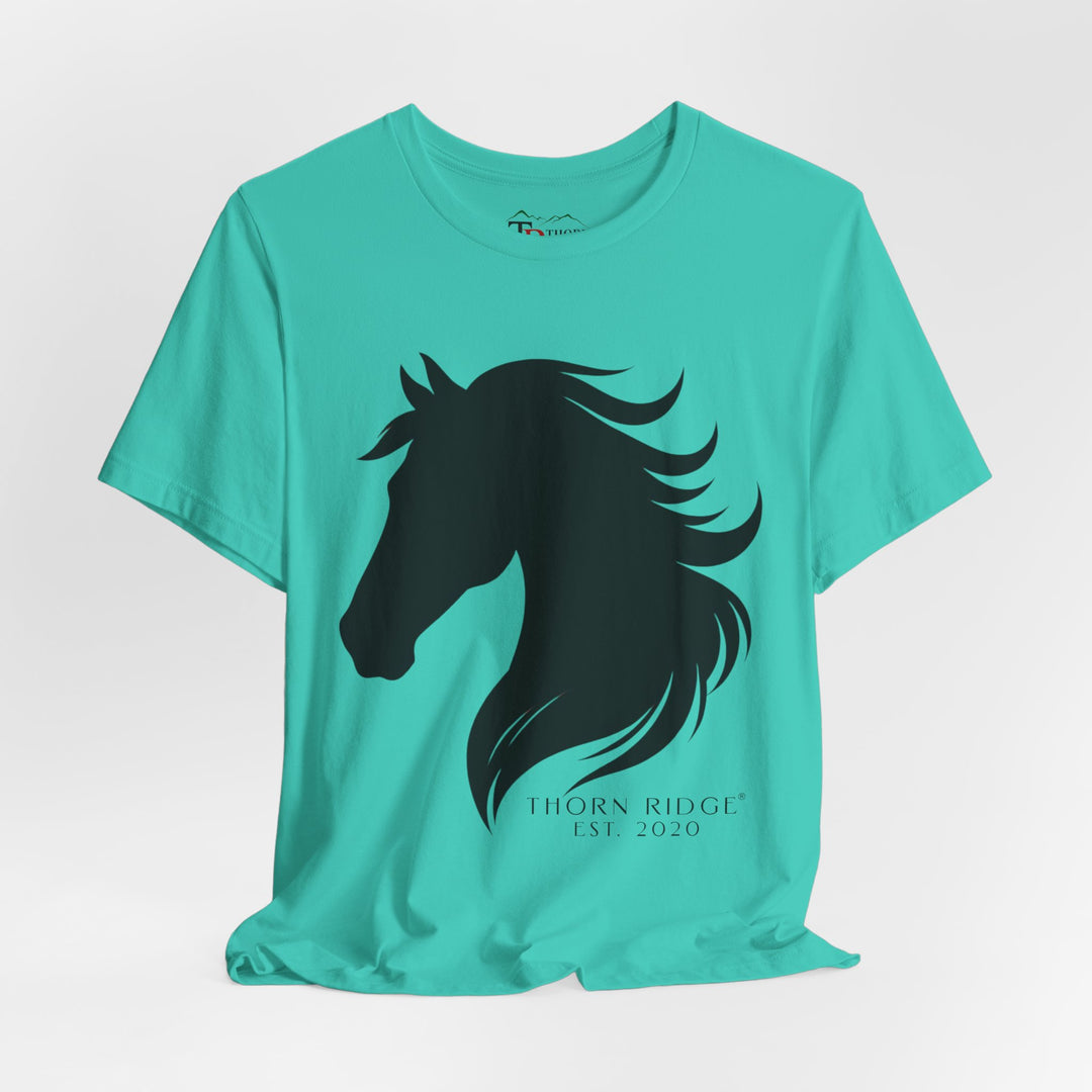 t-shirt with black horse silhouette and 'Thorn Ridge' branding 