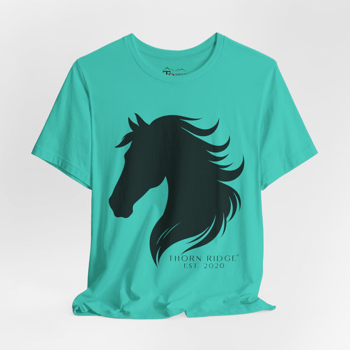 t-shirt with black horse silhouette and 'Thorn Ridge' branding 