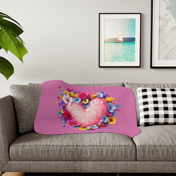 Feathers & Flowers Heart Sherpa Blanket in pinks with a feather heart surrounded by flowers by Thorn Ridge®