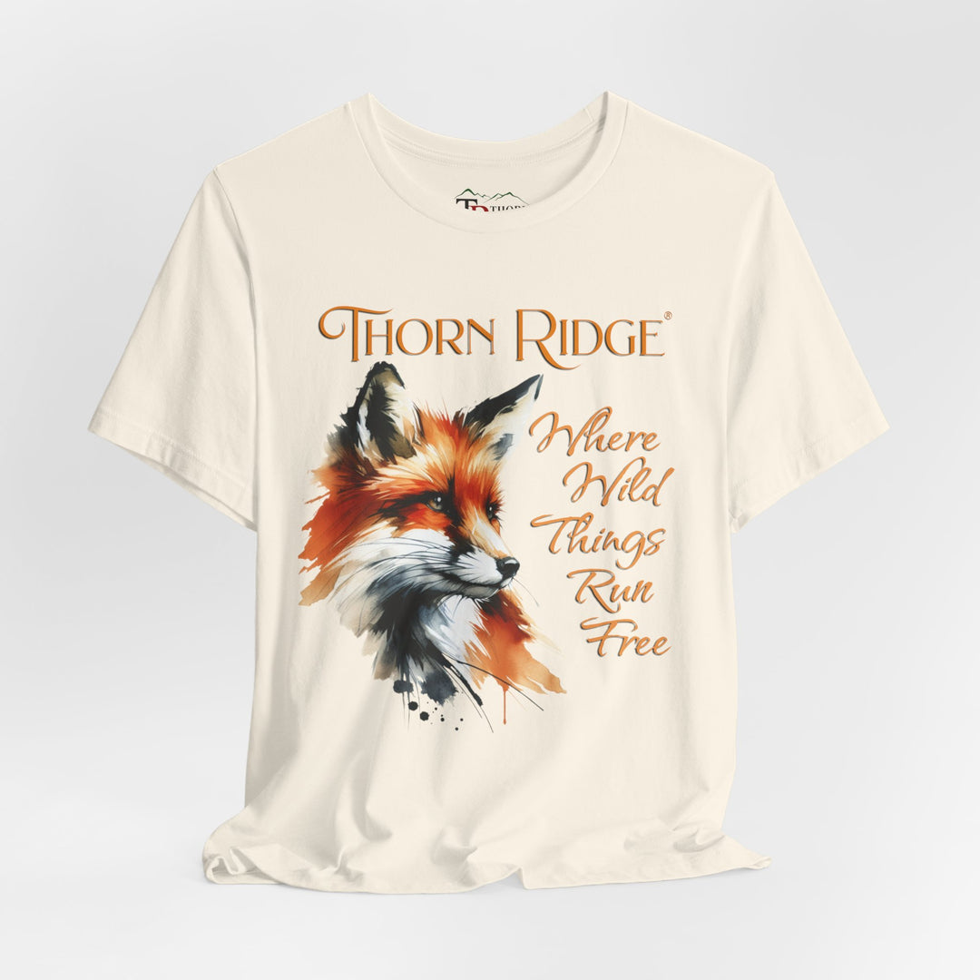 Where Wild Thing Run Free graphic tee with a fox labeled Thorn Ridge®