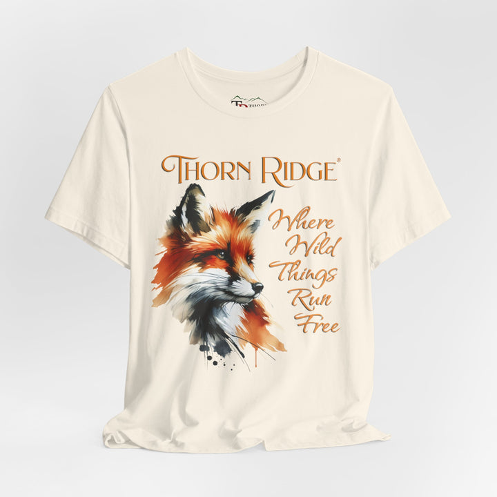 Where Wild Thing Run Free graphic tee with a fox labeled Thorn Ridge®