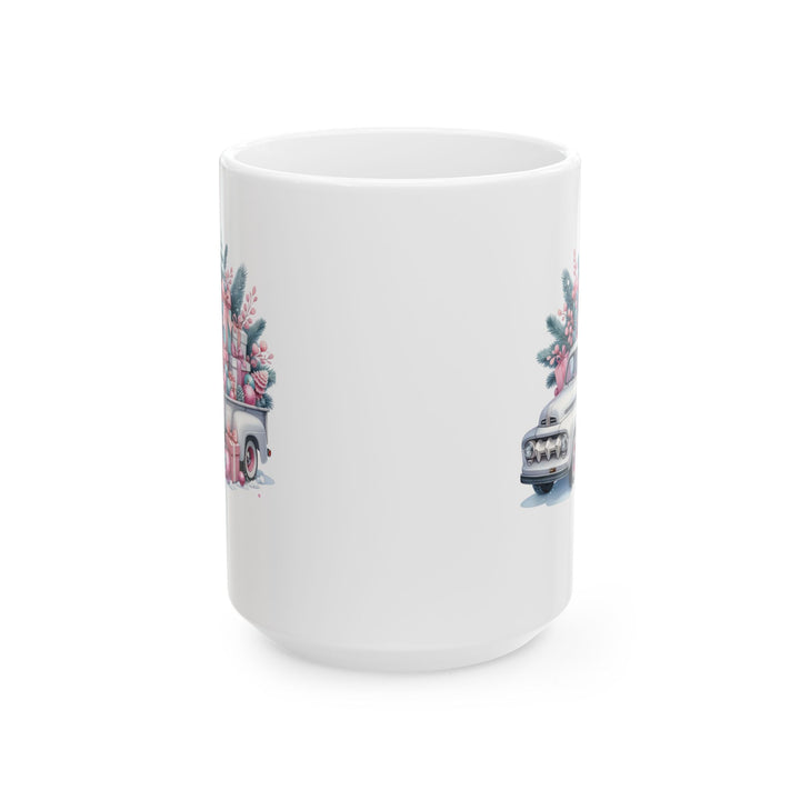 White mug by Thorn Ridge® with a vintage Christmas truck design featuring trees and presents in pink and teal colors on a white background