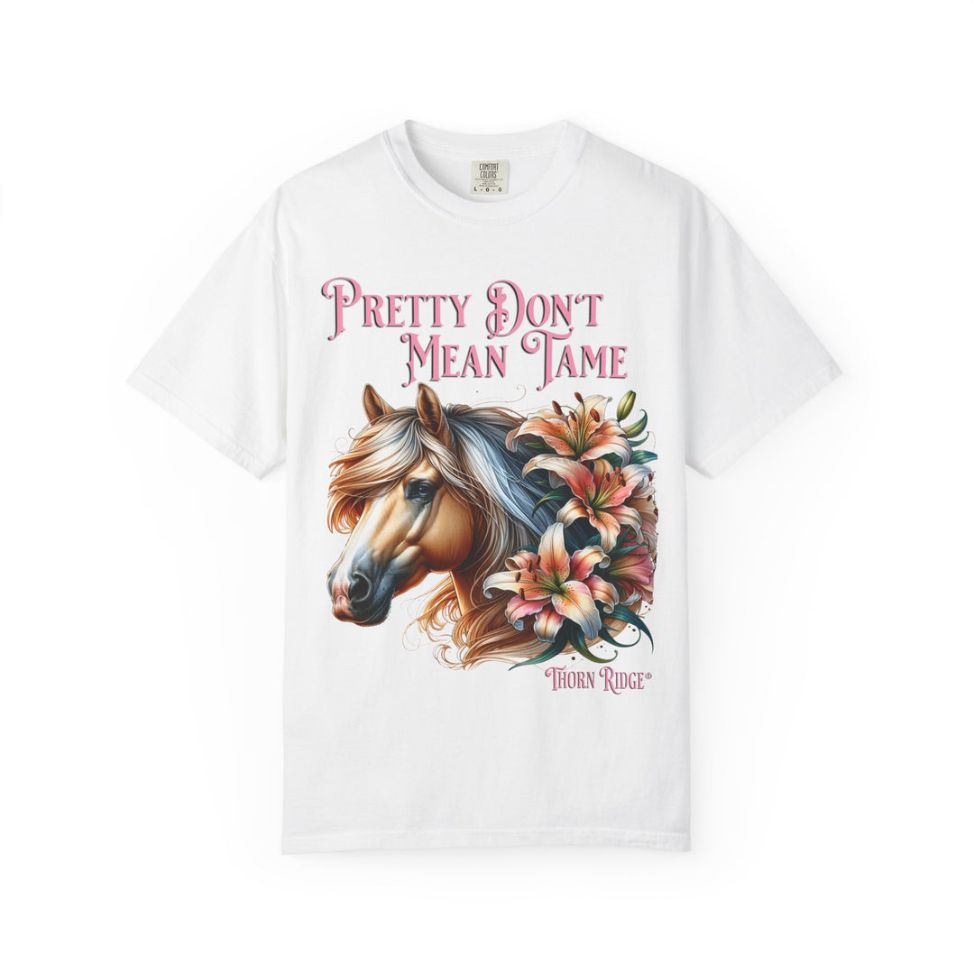 Pretty Don't Mean Tame graphic tee with a horse head and flowers branded to Thorn Ridge®