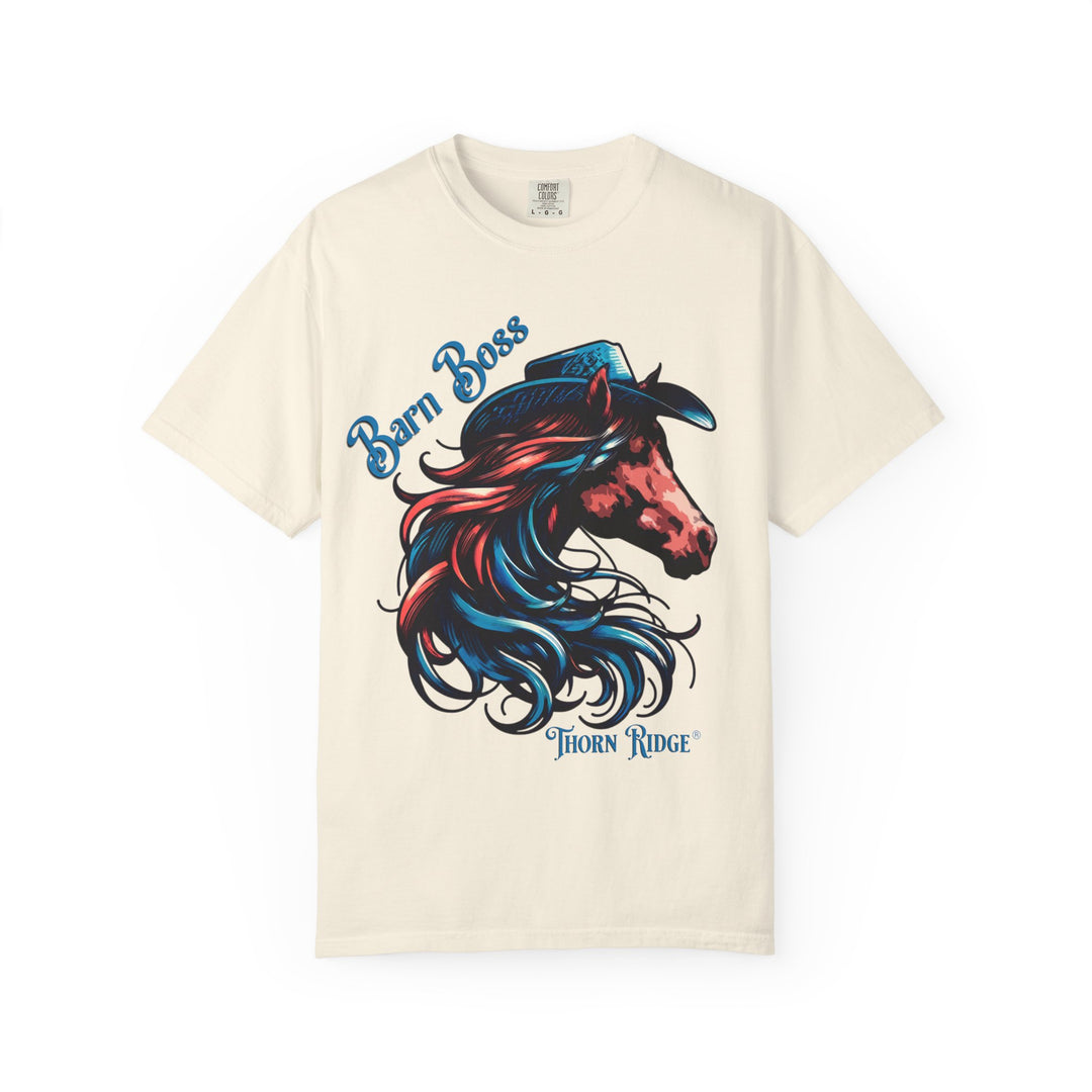 t-shirt with a horse head wearing a cowboy hat graphic labeled Barn Boss and Thorn Ridge