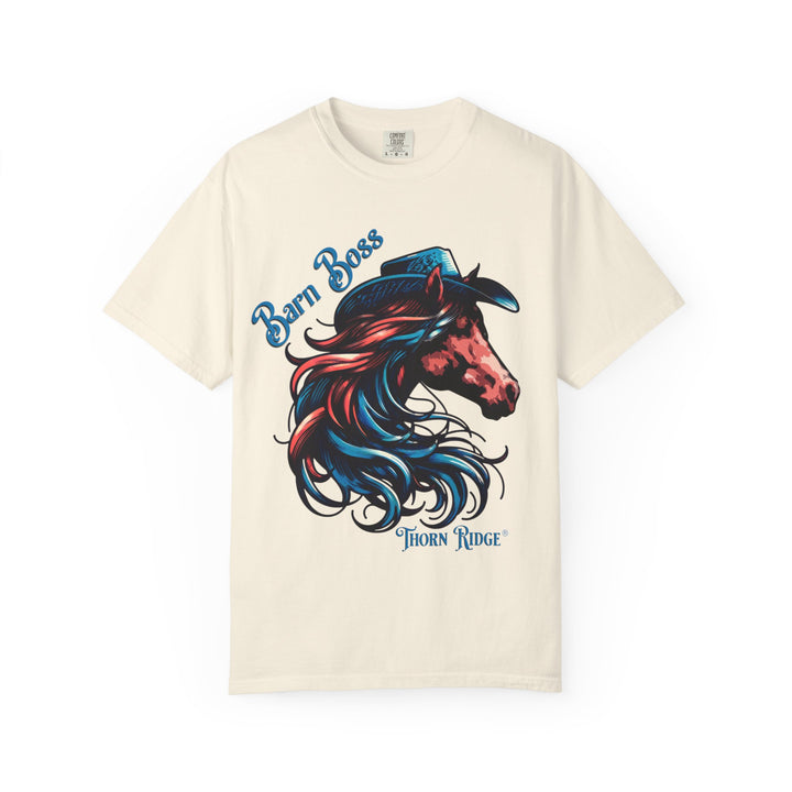 t-shirt with a horse head wearing a cowboy hat graphic labeled Barn Boss and Thorn Ridge