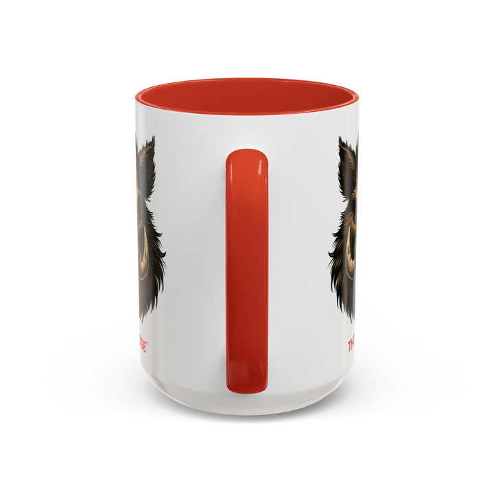 White mug with red interior and handle featuring a boar design and 'Thorn Ridge' text on a white background.