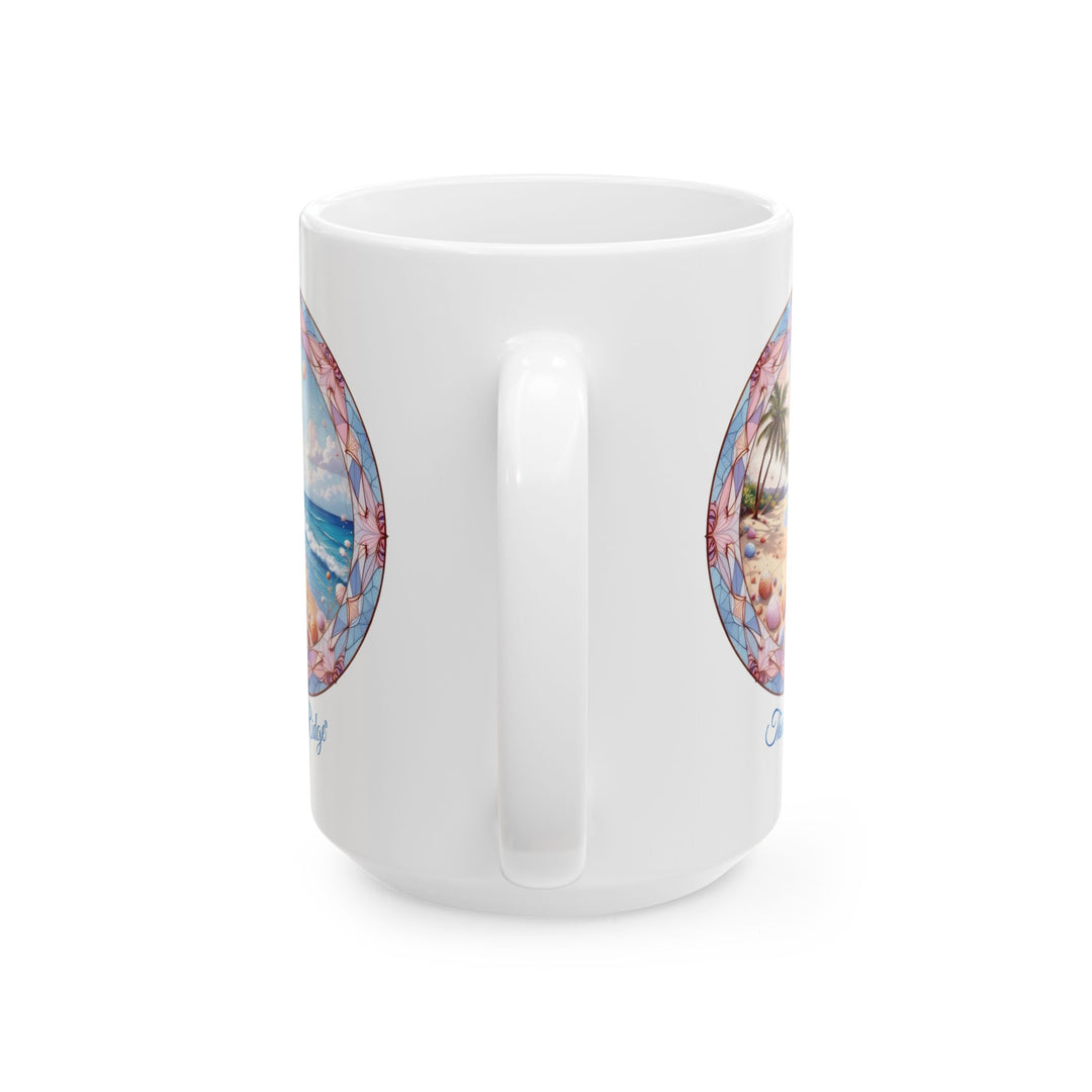 White mug with a beach scene design and 'Thorn Ridge' branding on a white background