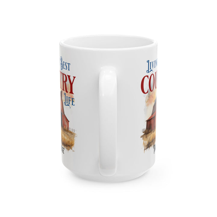 Mug with a barn illustration and text 'Living My Best Country Life' labeled Thorn Ridge®