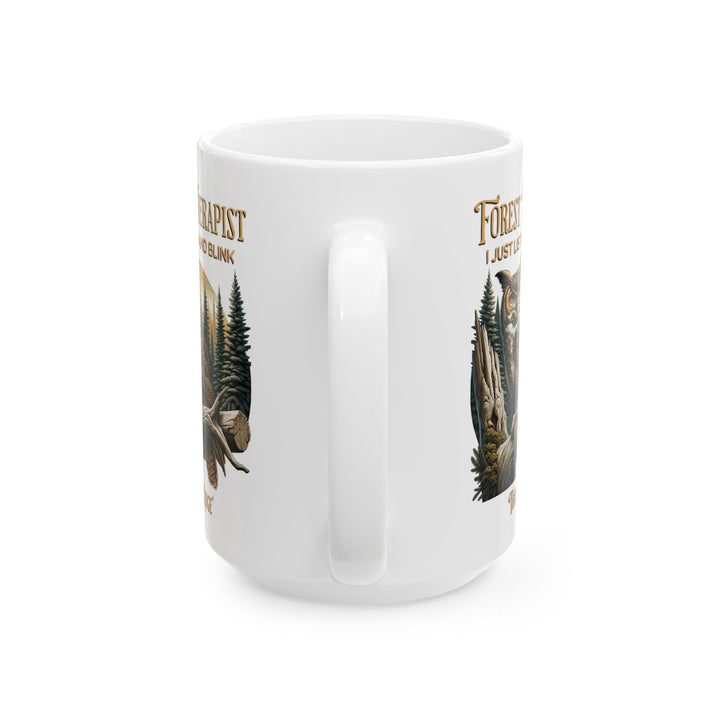 White mug with an owl design and text Forest Therapist by Thorn Ridge®