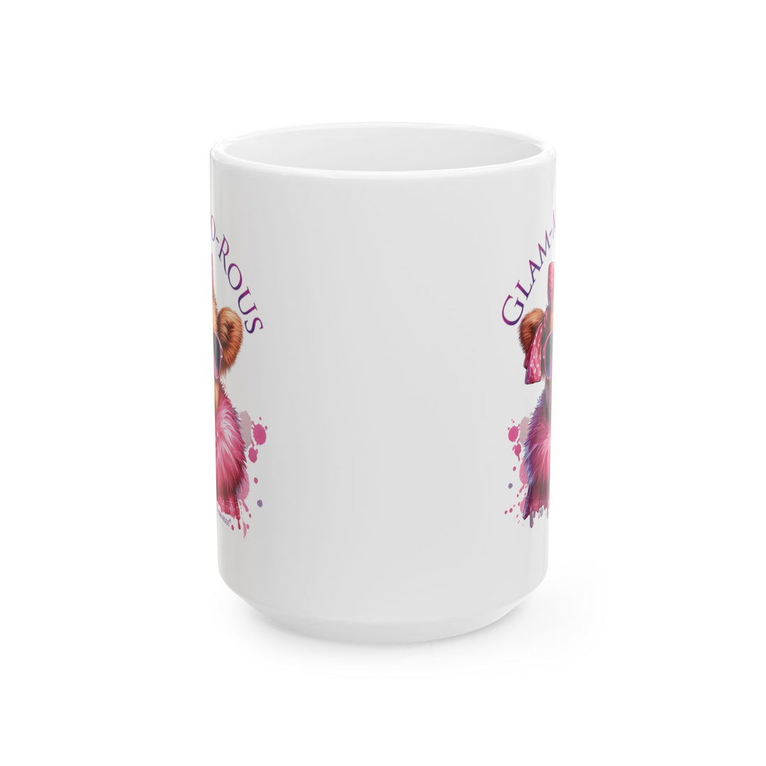 Thorn Ridge® Mug with a cow wearing glasses and fur colored jacket in hot pink and the text 'GLAM-MOO-ROUS' on a white background.