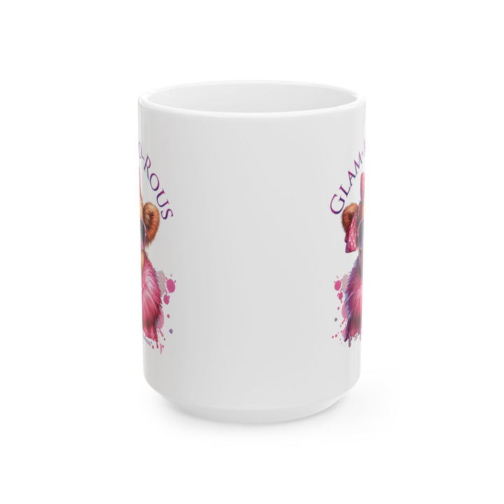 Thorn Ridge® Mug with a cow wearing glasses and fur colored jacket in hot pink and the text 'GLAM-MOO-ROUS' on a white background.