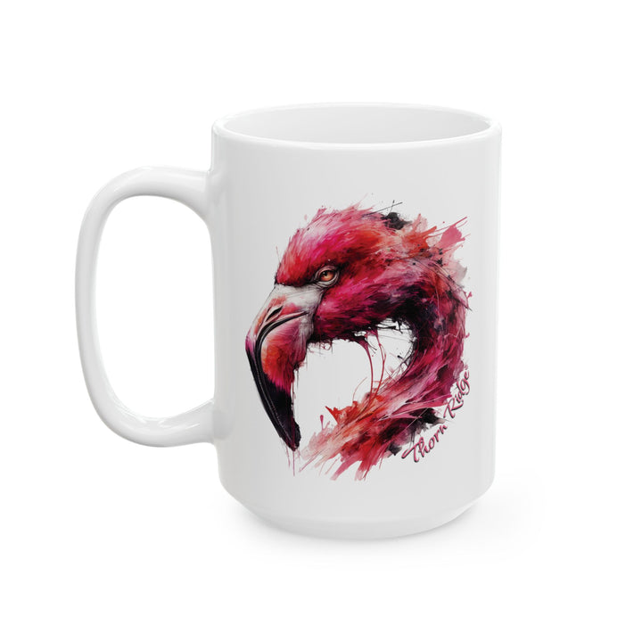 White mug with a hot pink and black flamingo design by Thorn Ridge®