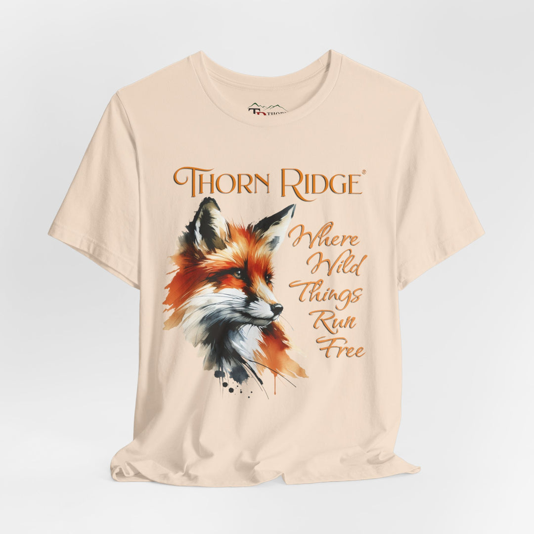 Where Wild Thing Run Free graphic tee with a fox labeled Thorn Ridge®