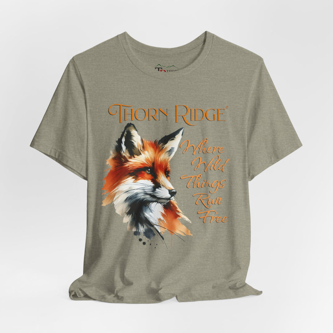 Where Wild Thing Run Free graphic tee with a fox labeled Thorn Ridge®