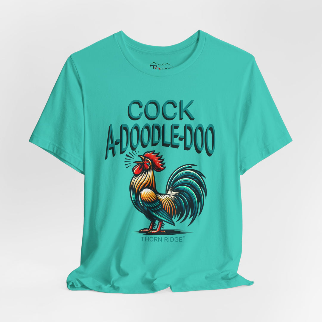 t-shirt with colorful rooster graphic and 'Cock A-Doodle-Doo' text labeled Thorn Ridge®