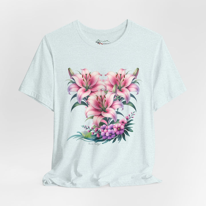 t-shirt with pink floral design of three lillies branded to Thorn Ridge®