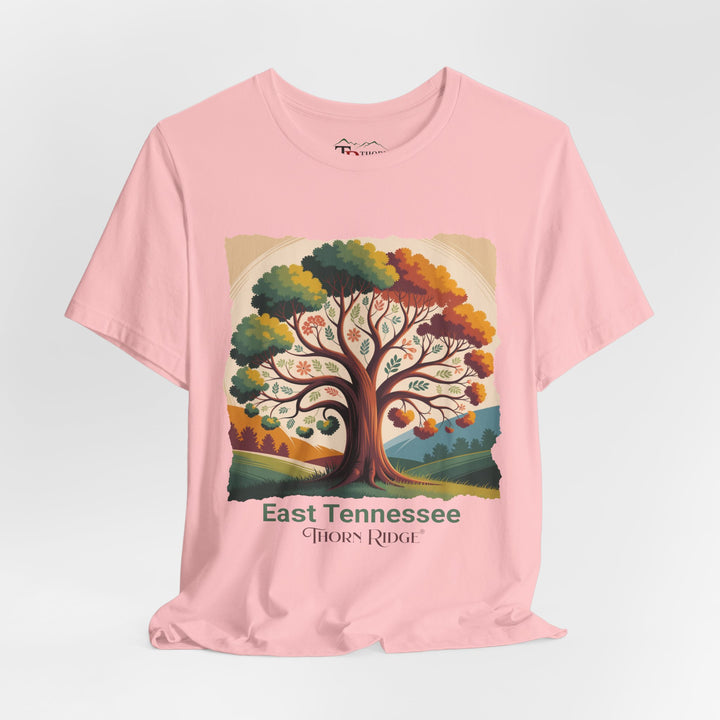 t-shirt with a colorful tree design and 'East Tennessee Thorn Ridge' text showing leaves changing during the fall of the year. 