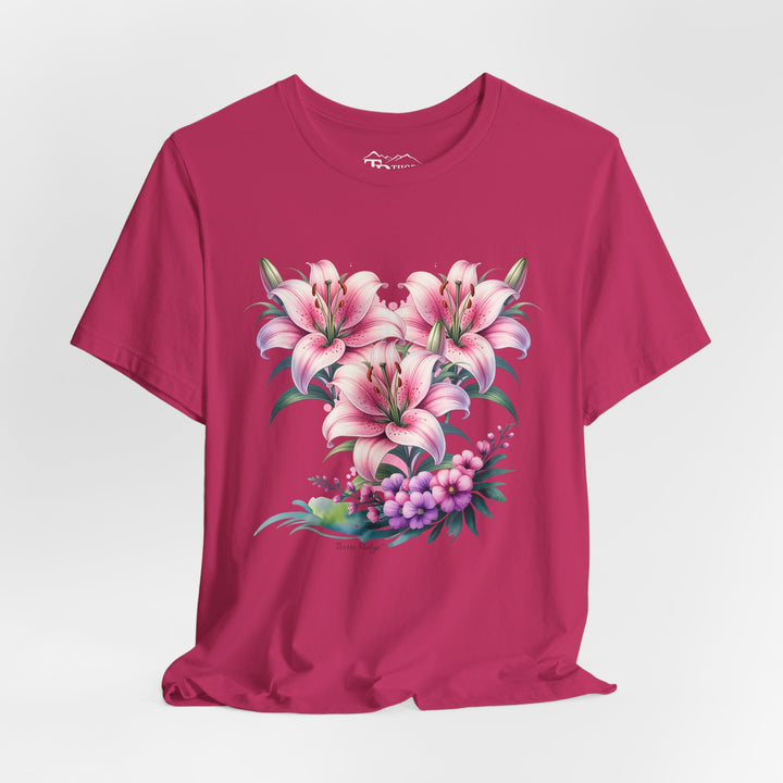 t-shirt with pink floral design of three lillies branded to Thorn Ridge®