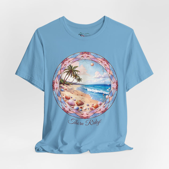 t-shirt with a beach scene graphic and 'Thorn Ridge' branding 