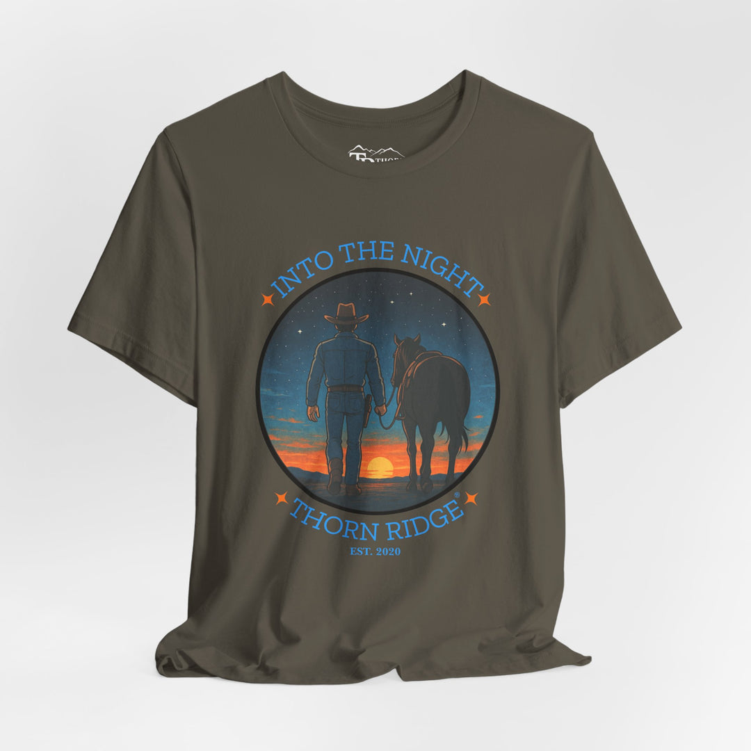 t-shirt with 'Into the Night' and 'Thorn Ridge' graphic design of a cowboy leading his horse into the setting sun as night is falling.