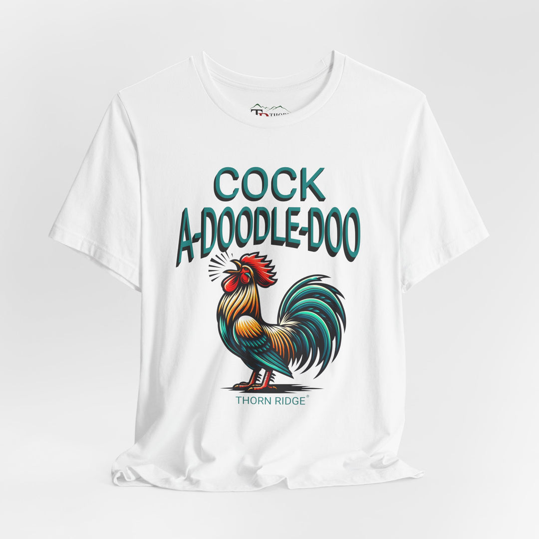 t-shirt with colorful rooster graphic and 'Cock A-Doodle-Doo' text labeled Thorn Ridge®