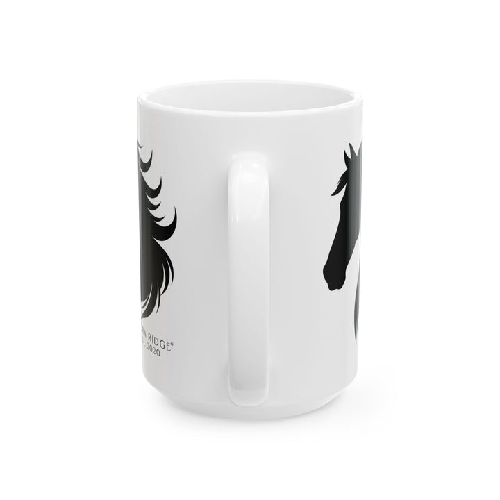 White mug with black horse head with flowing mane silhouette and 'Thorn Ridge Est. 2020' text on a white background