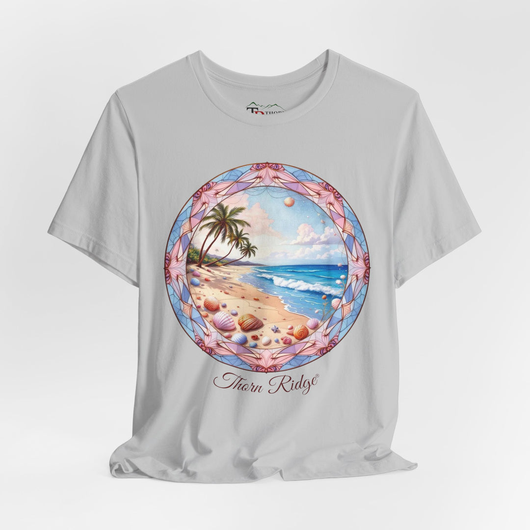 Gray t-shirt with a beach scene graphic and 'Thorn Ridge' branding on a white background