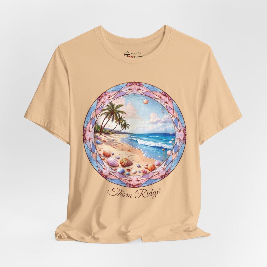 t-shirt with a beach scene graphic and 'Thorn Ridge' branding on a white background