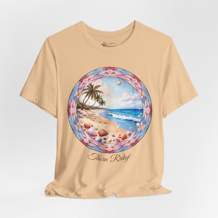 t-shirt with a beach scene graphic and 'Thorn Ridge' branding on a white background