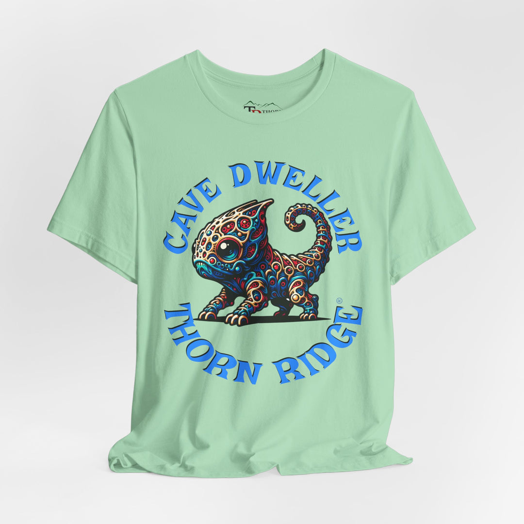 Cave Dweller funny lizard creature graphic tee labeled Thorn Ridge®