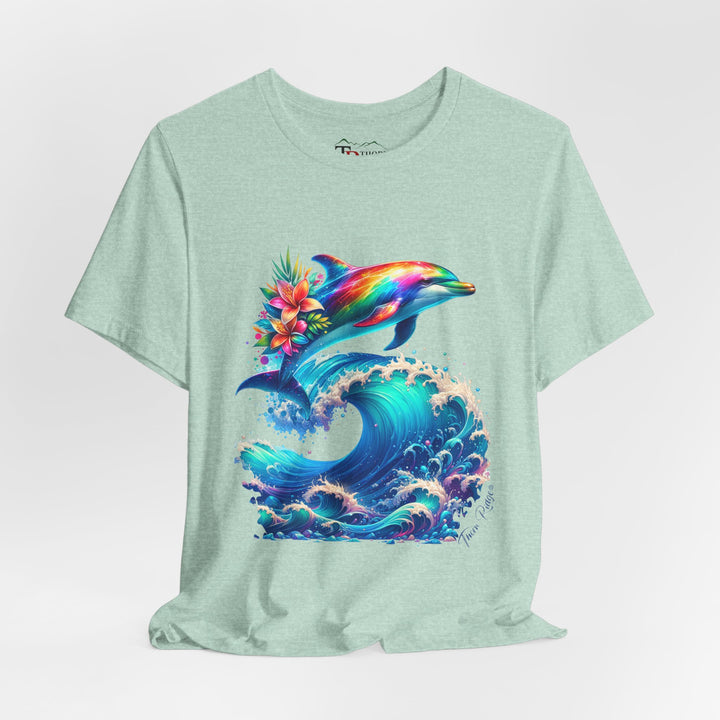 t-shirt with a colorful dolphin and wave design branded Thorn Ridge®
