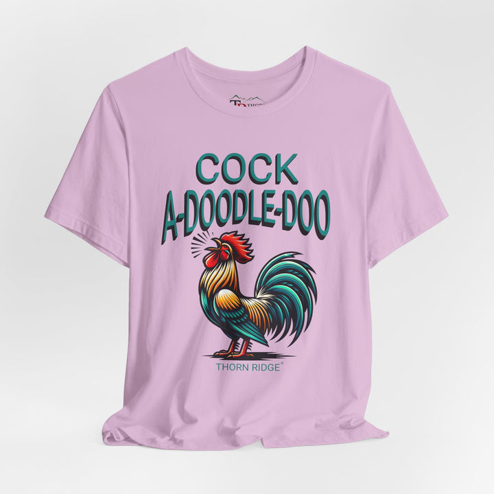 t-shirt with colorful rooster graphic and 'Cock A-Doodle-Doo' text labeled Thorn Ridge®