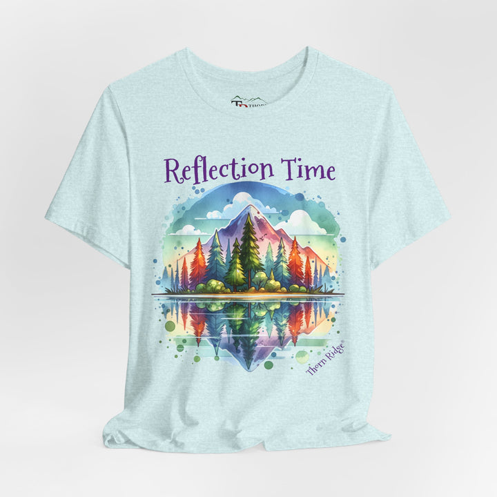 t-shirt with 'Reflection Time' graphic design featuring a mountain and lake scene labeled Thorn Ridge®