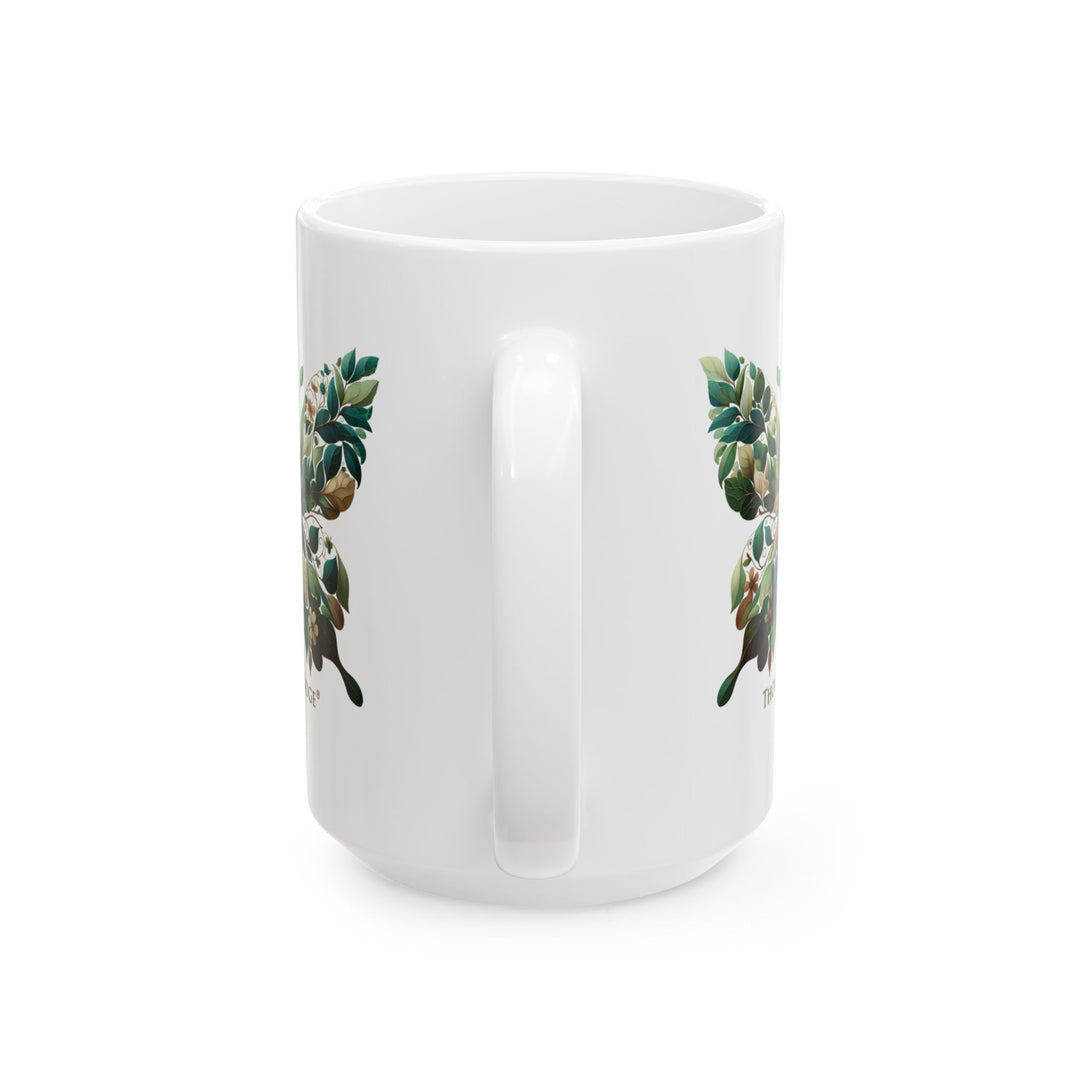 White mug with a leaf butterfly design and 'Thorn Ridge' branding on a white background