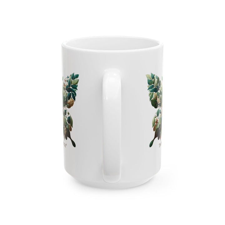 White mug with a leaf butterfly design and 'Thorn Ridge' branding on a white background