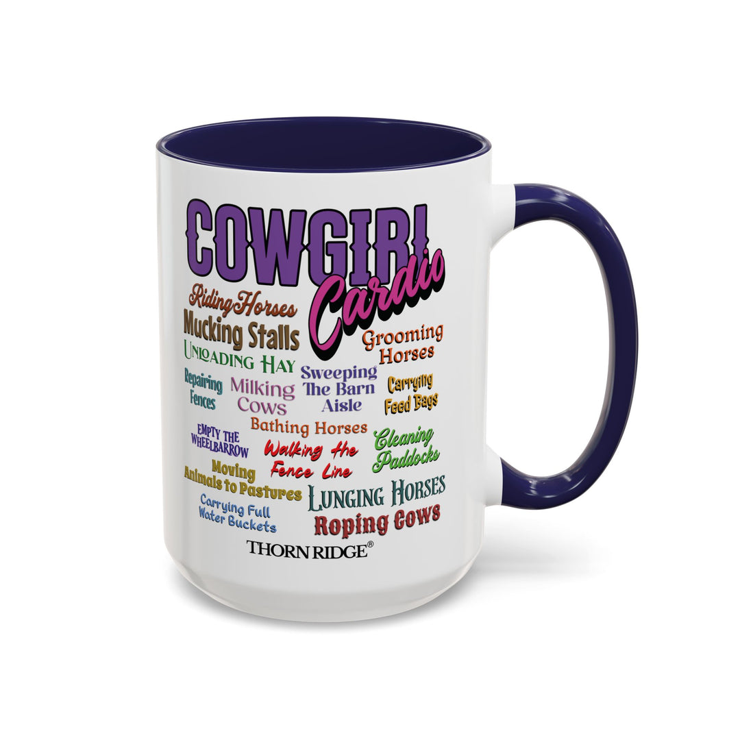 Mug with 'Cowgirl Cardio' text and blue handle on a white background
