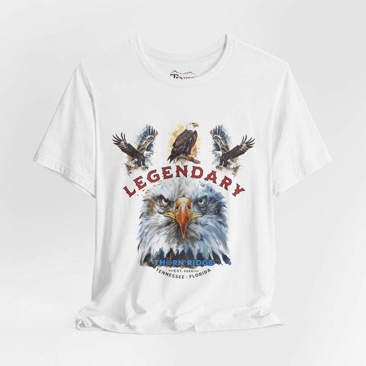 t-shirt with an eagle graphic and 'Legendary' text with three eagles above it