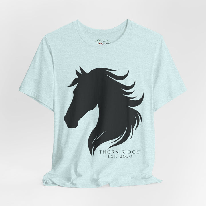 t-shirt with black horse silhouette and 'Thorn Ridge' branding 
