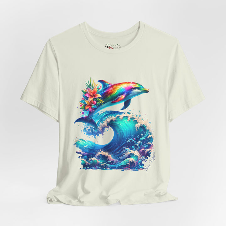 Colorful rainbow dolphin with flowers on its back near its tail jumping over a curling ocean wave. Labeled Thorn Ridge®. 