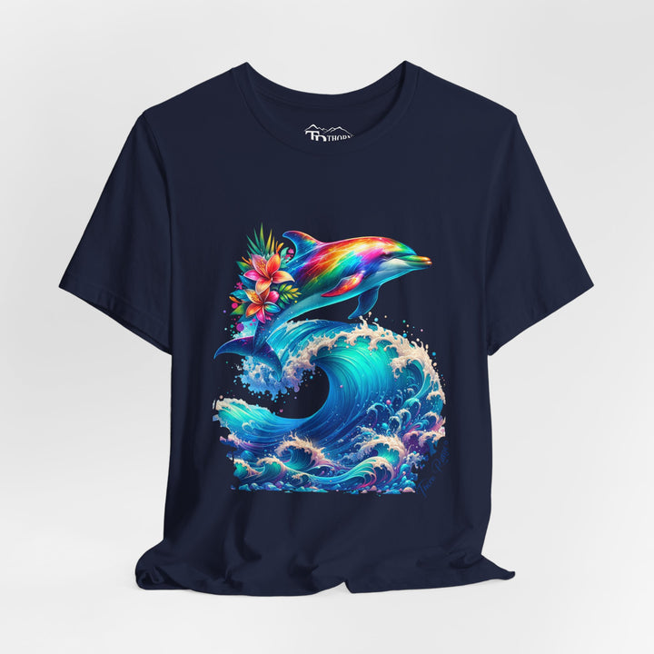 Colorful rainbow dolphin with flowers on its back near its tail jumping over a curling ocean wave. Labeled Thorn Ridge®. 
