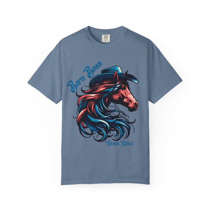 t-shirt with a horse head wearing a cowboy hat graphic labeled Barn Boss and Thorn Ridge
